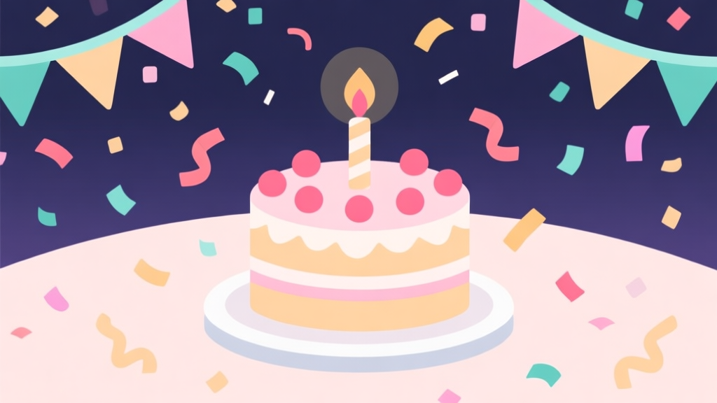 Ilustrasi minimalis dari pesta tahun baru dengan konfeti dan kue, menggunakan skema warna pastel yang lembut dan desain bersih, gaya ilustrasi konsep game yang ceria high quality illustration, detailed, 16:9