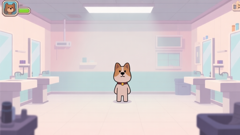 自动生成图片: Ilustrasi digital minimalis dari salon hewan dalam game yang sepi, dengan satu karakter pemilik berdiri sendirian di tengah ruangan yang bersih namun kosong, nuansa warna pastel soft, gaya seni konsep game simulasi high quality illustration, detailed, 16:9