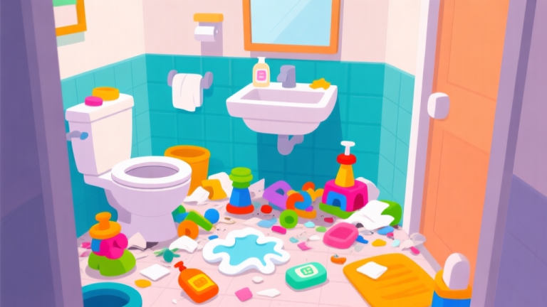自动生成图片: Ilustrasi game bergaya kartun yang menunjukkan kamar mandi berantakan dengan mainan dan sabun berserakan, warna-warna cerah namun tidak terlalu mencolok, desain minimal dan bersih, fokus pada kekacauan yang perlu dirapikan high quality illustration, detailed, 16:9