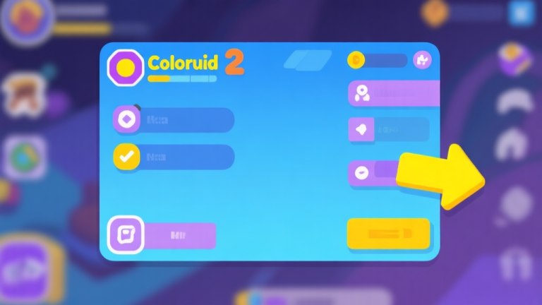 自动生成图片: Ilustrasi antarmuka game Coloruid 2 yang ramai dengan ikon dan menu, ditampilkan dalam gaya flat design yang bersih dengan highlight dan panah penunjuk berwarna kuning terang, skema warna biru dan ungu muda, latar belakang blur high quality illustration, detailed, 16:9