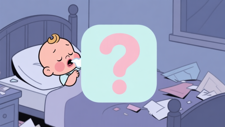 自动生成图片: Ilustrasi kartun Baby Hazel menguap di kamar tidur yang berantakan, dengan ikon tanda tanya besar berwarna pastel lembut di sekitarnya, gaya minimalis, clean lines high quality illustration, detailed, 16:9