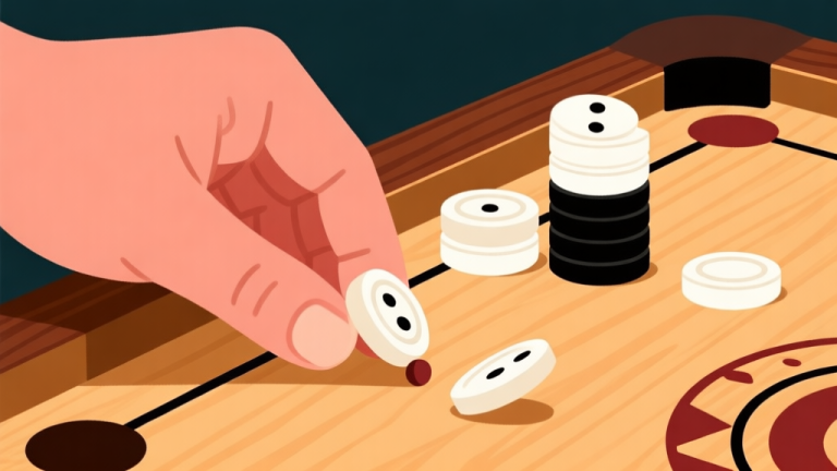 自动生成图片: Ilustrasi close-up tangan memegang striker di atas papan carrom, dengan bidak-bidak putih dan hitam bertumpuk tidak stabil di sudut, beberapa sudah mulai miring. Gaya ilustrasi vektor yang bersih, warna kayu hangat dan bidak yang kontras, fokus pada sudut kemiringan bidak. high quality illustration, detailed, 16:9