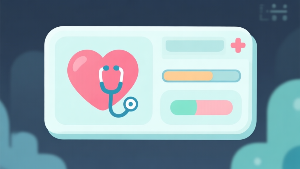 Ilustrasi minimalis layar antarmuka game dengan ikon hati, stetoskop, dan bar progres berwarna pastel lembut, terlihat seperti dashboard kesehatan dalam game, desain bersih dan informatif high quality illustration, detailed, 16:9