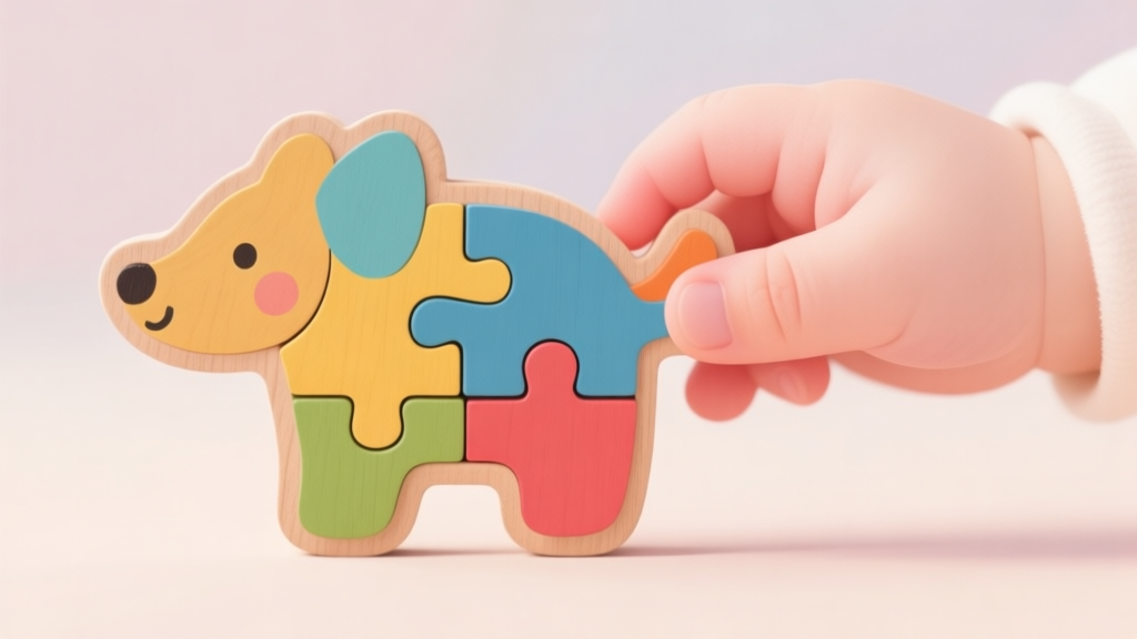 Ilustrasi minimalis tangan kecil bayi sedang memegang dan menyusun potongan puzzle kayu berbentuk binatang yang berwarna-warni, latar belakang lembut dengan warna pastel, gaya desain bersih dan ramah anak high quality illustration, detailed, 16:9