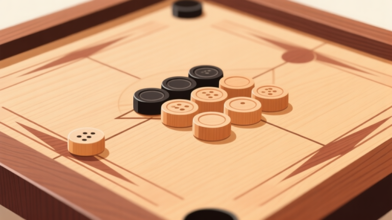 自动生成图片: Komposisi minimalis papan carrom kayu yang bersih dan beberapa bidak carrom yang tersusun rapi di atasnya, warna kayu hangat dengan kontras lembut, gaya ilustrasi clean dan profesional, fokus pada tekstur permukaan yang mulus high quality illustration, detailed, 16:9