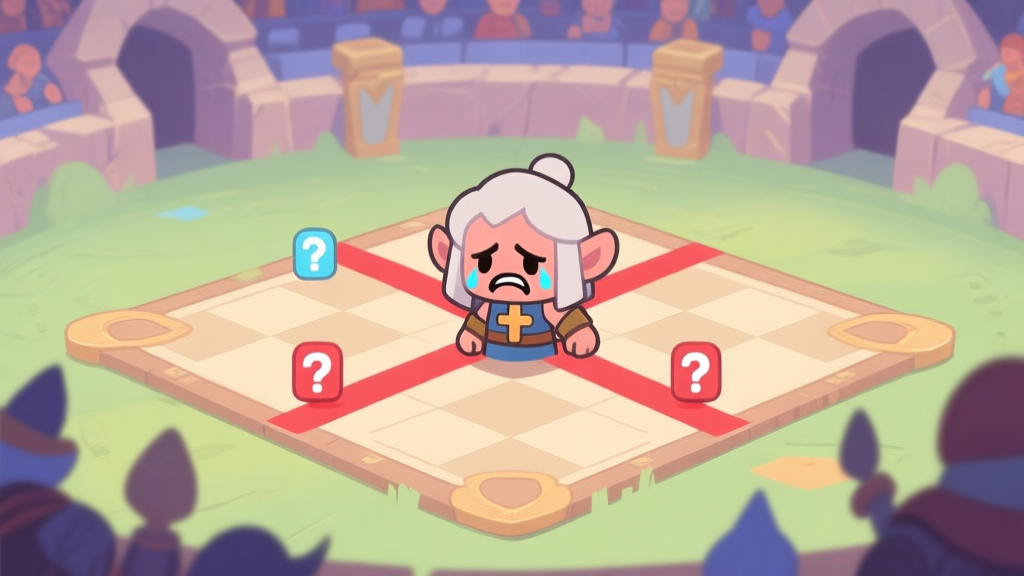 Ilustrasi karakter game fantasi dengan tema penyembuh, terlihat frustrasi di tengah arena permainan papan, dengan ikon tanda tanya dan silang merah di sekitarnya, gaya kartun yang bersih, skema warna pastel lembut high quality illustration, detailed, 16:9