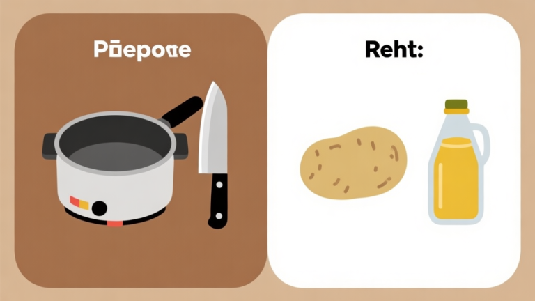 自动生成图片: Infografis minimalis dengan dua kolom, satu berisi ilustrasi alat dapur seperti penggorengan dan pisau, kolom lain berisi ikon bahan seperti kentang dan minyak. Warna tanah dan putih, desain bersih, gaya presentasi bisnis rumahan. high quality illustration, detailed, 16:9