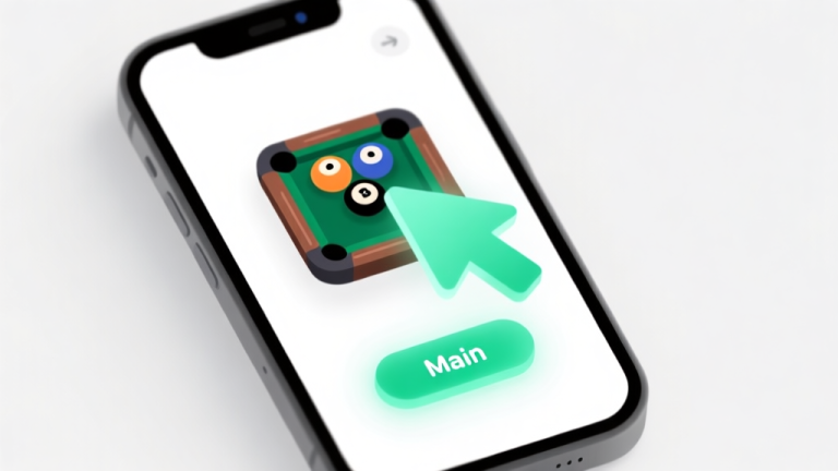 自动生成图片: Ilustrasi minimalis layar ponsel dengan ikon game biliar dan karom, panah besar berwarna hijau muda menunjuk ke tombol 'Main' yang menyala, latar belakang putih bersih, gaya desain antarmuka pengguna yang sederhana high quality illustration, detailed, 16:9