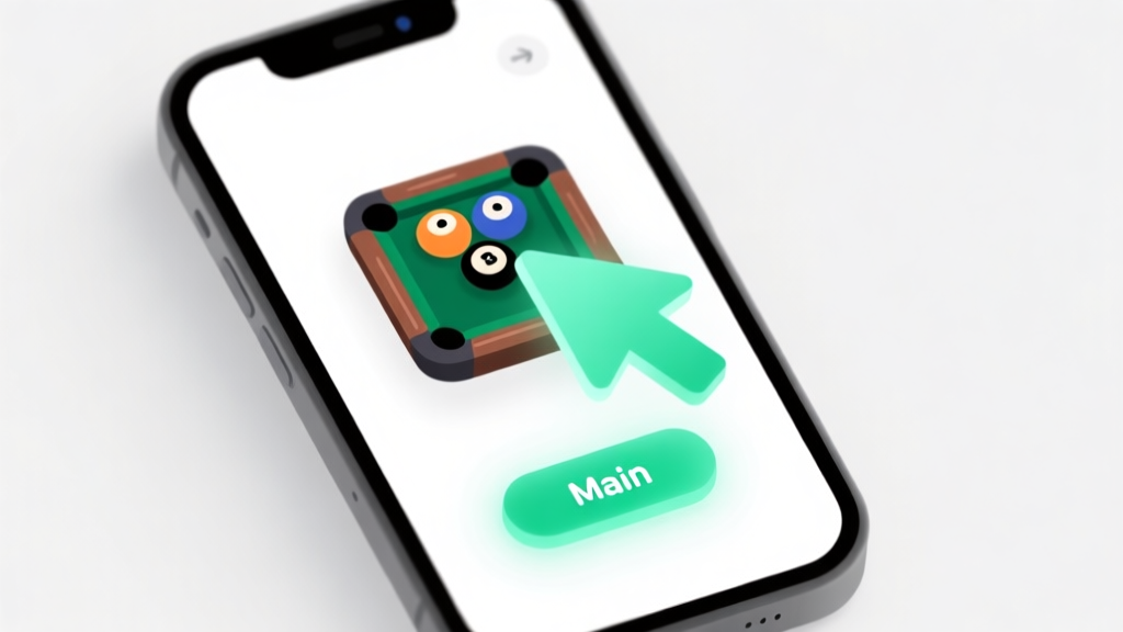 Ilustrasi minimalis layar ponsel dengan ikon game biliar dan karom, panah besar berwarna hijau muda menunjuk ke tombol 'Main' yang menyala, latar belakang putih bersih, gaya desain antarmuka pengguna yang sederhana high quality illustration, detailed, 16:9