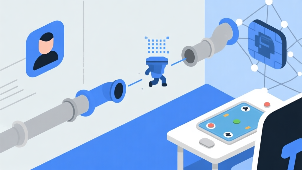 Ilustrasi digital minimalis yang menunjukkan ikon avatar pemain bergerak melalui serangkaian pipa dan filter algoritma, akhirnya bertemu di meja permainan virtual. Skema warna biru dan abu-abu muda, gaya garis bersih, konsep koneksi jaringan. high quality illustration, detailed, 16:9