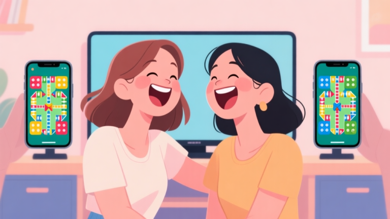 自动生成图片: Ilustrasi dua karakter perempuan dengan gaya kartun yang sedang tertawa bersama di depan dua layar ponsel yang menunjukkan papan permainan digital yang colorful, suasana santai dan hangat, warna-warna pastel yang lembut, desain minimalis dan modern high quality illustration, detailed, 16:9