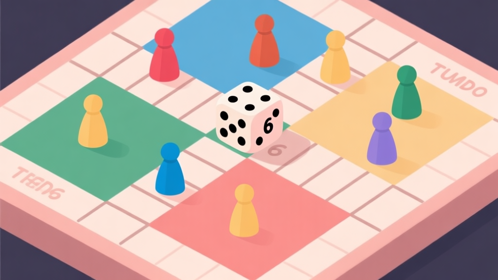 Ilustrasi papan permainan Ludo dengan empat bidak warna berbeda tersebar di posisi awal dan tengah papan, ditumpangi oleh dadu yang menunjukkan angka 6. Gaya flat design minimalis dengan warna pastel soft, fokus pada elemen permainan. high quality illustration, detailed, 16:9