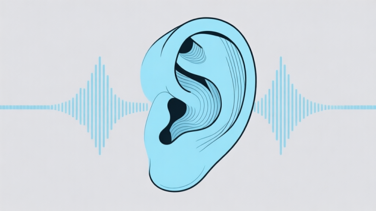 自动生成图片: Ilustrasi minimalis telinga manusia dengan garis-garis halus yang menunjukkan gelombang suara atau sensasi tidak nyaman, skema warna biru muda dan abu-abu, desain bersih dan medis high quality illustration, detailed, 16:9