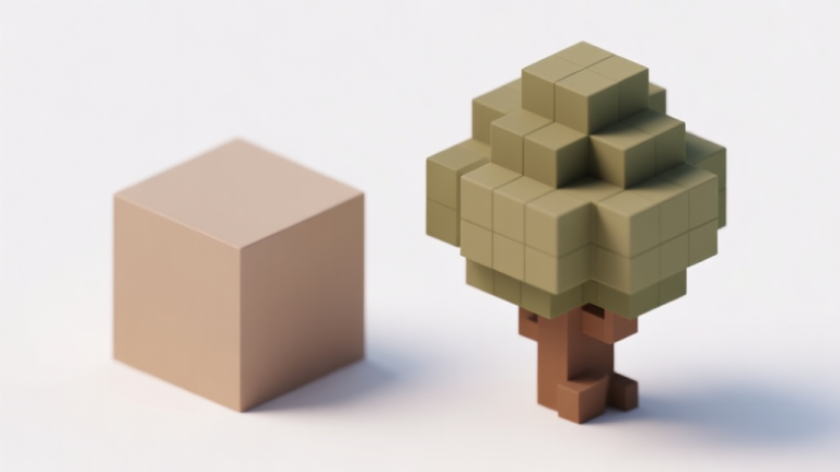 自动生成图片: Ilustrasi 3D sederhana yang menunjukkan transisi dari piksel 2D persegi menjadi kubus 3D (voxel) yang tersusun membentuk pohon kecil, gaya minimalis dengan warna earth tone, latar belakang putih bersih, konsep seni voxel untuk pemula high quality illustration, detailed, 16:9