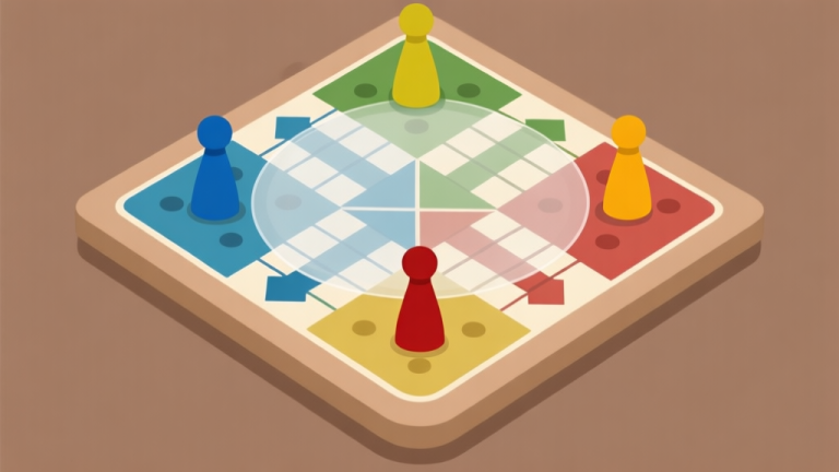 自动生成图片: Ilustrasi papan permainan Ludo dengan empat bidak warna berbeda berada di area start, ditimpa oleh diagram alur strategis yang transparan, warna earth tone, gaya minimalis clean, konsep perencanaan high quality illustration, detailed, 16:9