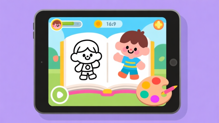 自动生成图片: Ilustrasi layar tablet dengan game anak yang menampilkan buku mewarnai digital, karakter kartun lucu, dan palet warna cerah namun lembut, gaya gambar vektor yang bersih dan ramah high quality illustration, detailed, 16:9