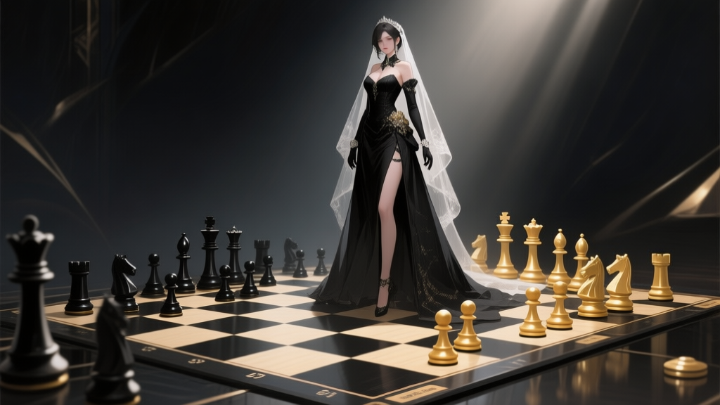 Ilustrasi digital karakter game wanita dengan gaun pengantin hitam elegan, berdiri di tengah papan permainan papan (board game) abstrak dengan bidak-bidak emas dan hitam, latar belakang gelap dengan sorotan cahaya dramatis, gaya seni konsep game modern, detail tinggi high quality illustration, detailed, 16:9