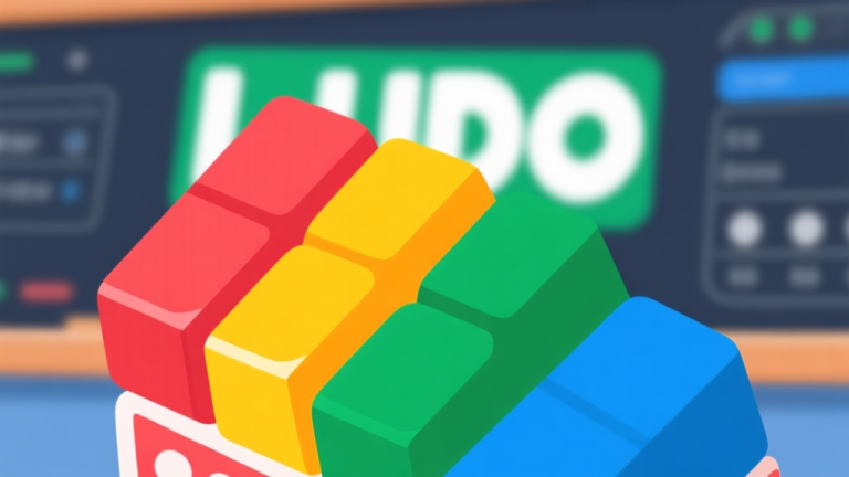 自动生成图片: Ilustrasi close-up balok permen berwarna-warni (merah, kuning, hijau, biru) dengan latar belakang papan Ludo digital yang samar, gaya flat design yang bersih dan modern high quality illustration, detailed, 16:9