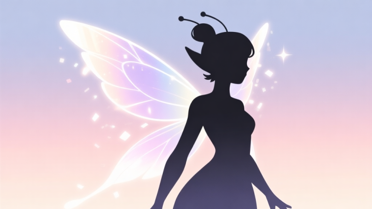 自动生成图片: Ilustrasi minimalis skin karakter game dengan tema peri dongeng, menampilkan siluet karakter dengan sayap berkilau dan partikel cahaya, latar belakang gradient warna pastel lembut, gaya desain bersih dan modern high quality illustration, detailed, 16:9