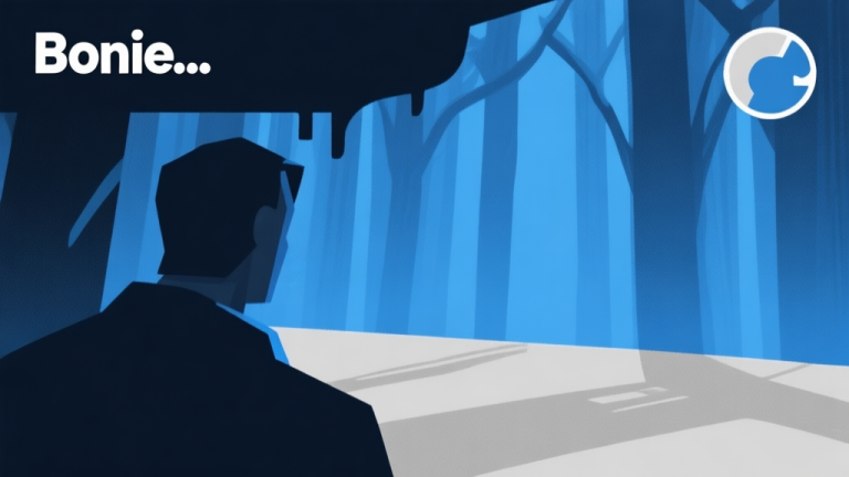 自动生成图片: Ilustrasi minimalis layar game dengan teks dialog samar 'Bonnie...' di pojok, palet warna biru tua dan abu-abu, suasana misterius, desain bersih high quality illustration, detailed, 16:9