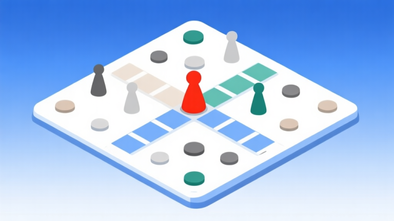 自动生成图片: Ilustrasi minimalis papan permainan Ludo digital dengan satu bidak berwarna mencolok di tengah, dikelilingi oleh bidak-bidak biasa, latar belakang soft gradient biru dan putih, gaya desain bersih dan modern high quality illustration, detailed, 16:9