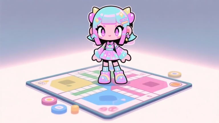 自动生成图片: Ilustrasi karakter game Ludo bergaya Harajuku dengan warna pastel dan detail gemerlap, berdiri di atas papan permainan abstrak, latar belakang minimalis dengan efek cahaya lembut, gaya flat design yang bersih high quality illustration, detailed, 16:9