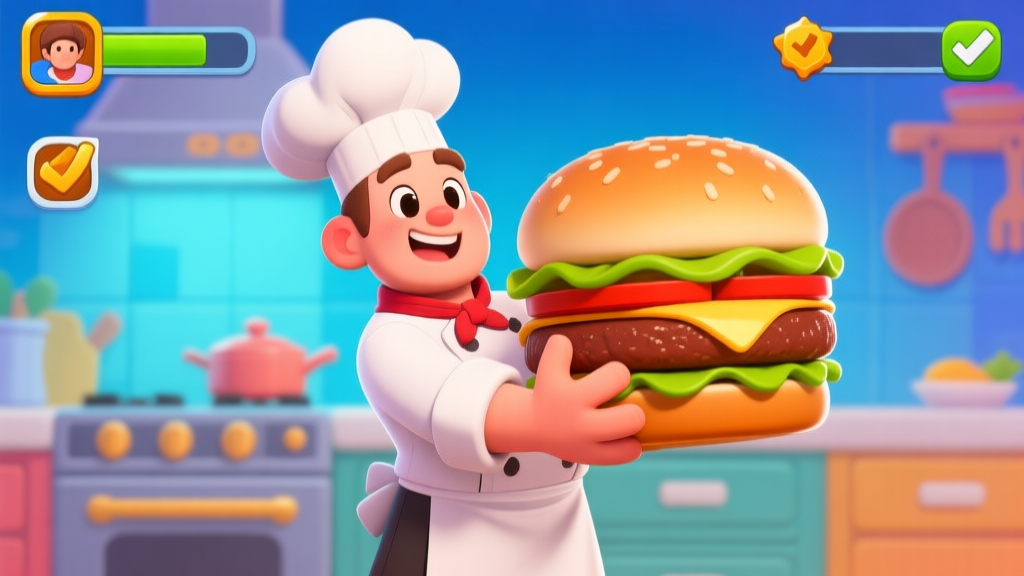 Ilustrasi karakter game kartun dengan seragam koki memegang burger raksasa, latar belakang dapur game yang cerah dengan ikon quest, gaya seni digital yang bersih dan menarik high quality illustration, detailed, 16:9