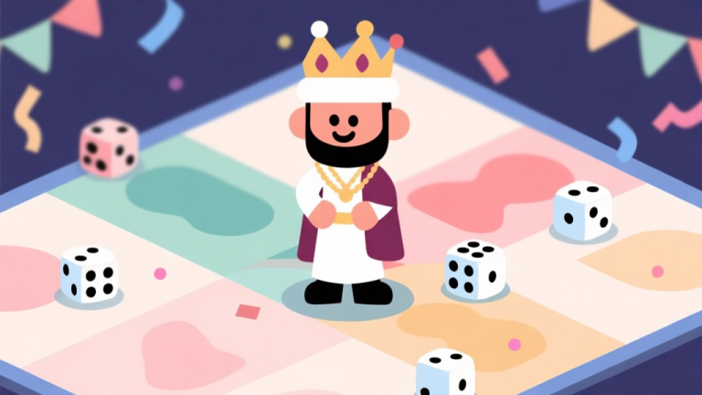 自动生成图片: Ilustrasi karakter game Ludo dengan gaya minimalis, mengenakan piama dan mahkota pesta, berdiri di atas papan permainan abstrak dengan dadu berserakan. Skema warna pastel lembut, desain bersih dan modern, fokus pada karakter. high quality illustration, detailed, 16:9