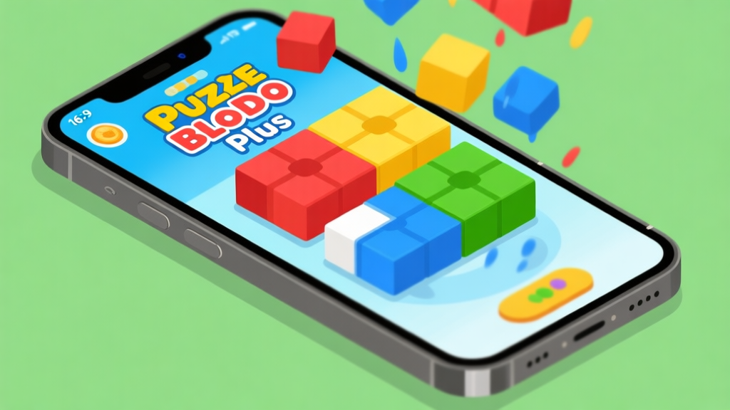 Ilustrasi layar ponsel dengan game Ludo yang sedang menampilkan event Puzzle Blok Plus, blok-blok berwarna merah, kuning, hijau, dan biru jatuh di sisi, antarmuka yang bersih dan cerah, gaya flat design high quality illustration, detailed, 16:9