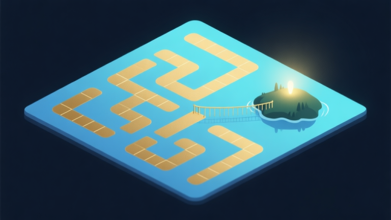 自动生成图片: Ilustrasi minimalis papan Ludo digital dengan jalur berliku, sebuah pulau kecil bercahaya terpisah di sudut, terhubung oleh jembatan tipis, skema warna biru muda dan emas, desain bersih dan misterius high quality illustration, detailed, 16:9