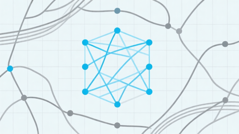 自动生成图片: Ilustrasi minimalis beberapa pola koneksi garis yang rumit pada grid titik, dengan satu pola disorot dan diurai menjadi solusi sederhana, skema warna biru muda dan abu-abu, gaya desain bersih high quality illustration, detailed, 16:9