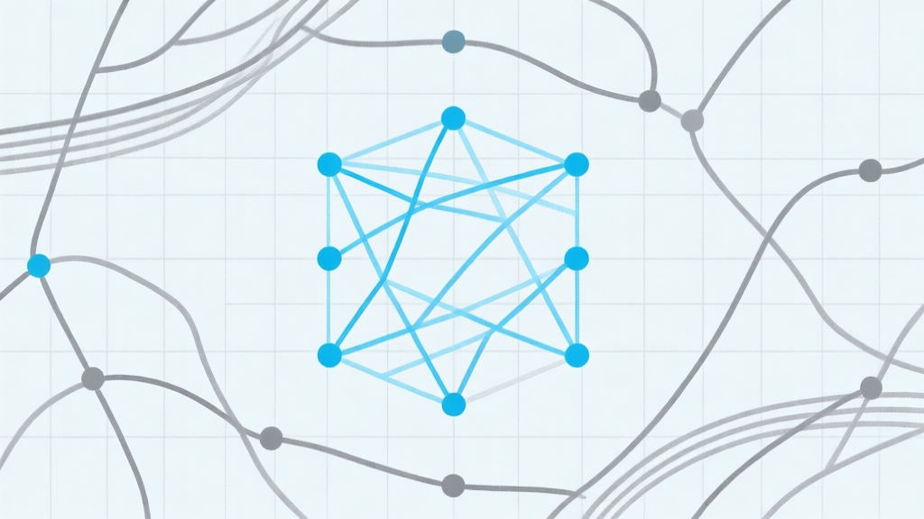 Ilustrasi minimalis beberapa pola koneksi garis yang rumit pada grid titik, dengan satu pola disorot dan diurai menjadi solusi sederhana, skema warna biru muda dan abu-abu, gaya desain bersih high quality illustration, detailed, 16:9