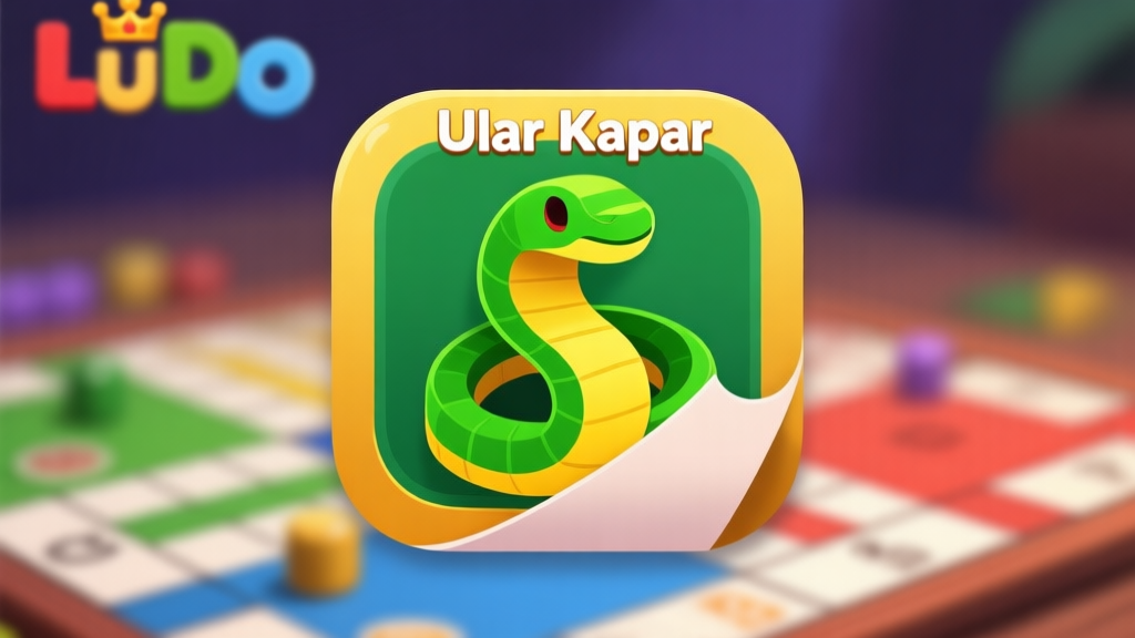 Ilustrasi close-up ikon 'Ular Kertas' dalam game Ludo King, dengan desain kertas melingkar berwarna hijau dan kuning, latar belakang papan Ludo yang blur, gaya ilustrasi digital yang bersih high quality illustration, detailed, 16:9