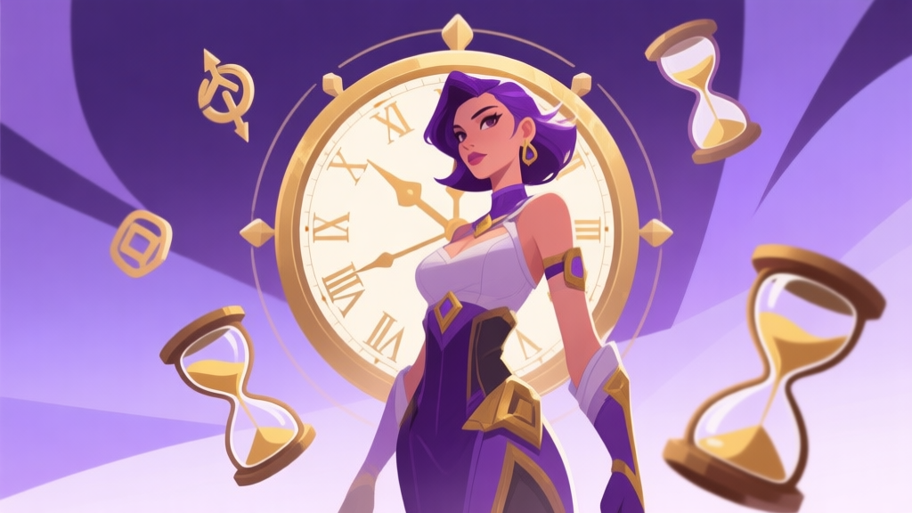 Ilustrasi karakter game wanita dengan tema waktu, dikelilingi oleh jam pasir dan simbol-simbol temporal yang melayang, gaya seni digital yang clean dengan warna dominan ungu dan emas, latar belakang abstrak minimalis high quality illustration, detailed, 16:9