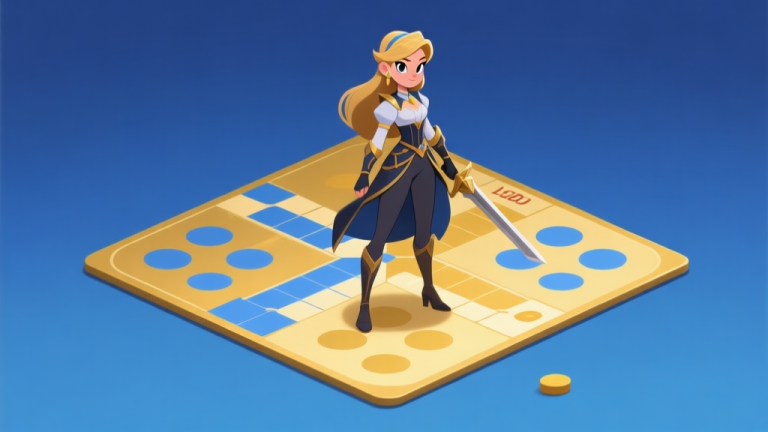 自动生成图片: Ilustrasi karakter game bergaya kartun modern, seorang putri dengan desain pakaian elegan namun praktis untuk bertarung, berdiri di atas papan permainan Ludo yang abstrak, warna dominan emas dan biru, gaya minimalis bersih high quality illustration, detailed, 16:9