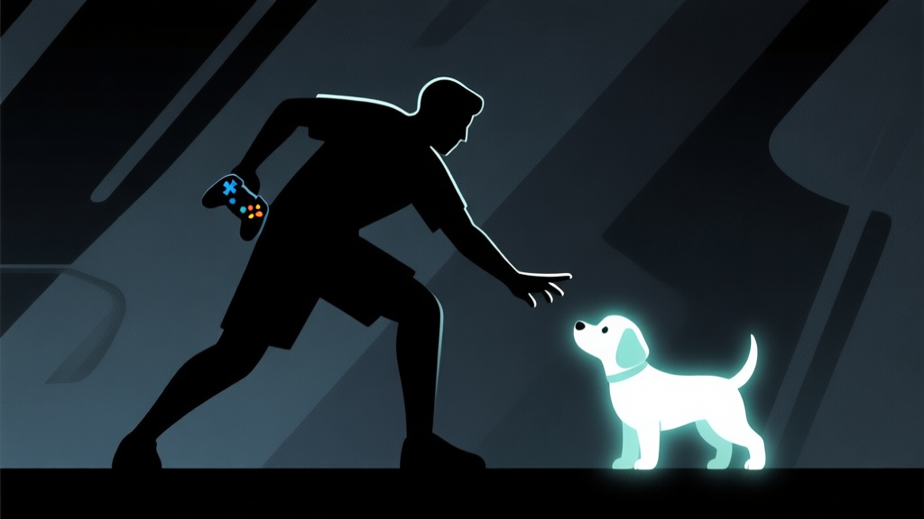 Ilustrasi minimalis dengan kontras tinggi, menunjukkan siluet pemain video game sedang menjangkau ke arah siluet anak anjing kecil yang bercahaya lembut, latar belakang gelap dengan elemen abstrak yang menggambarkan ketegangan, gaya seni digital yang bersih high quality illustration, detailed, 16:9