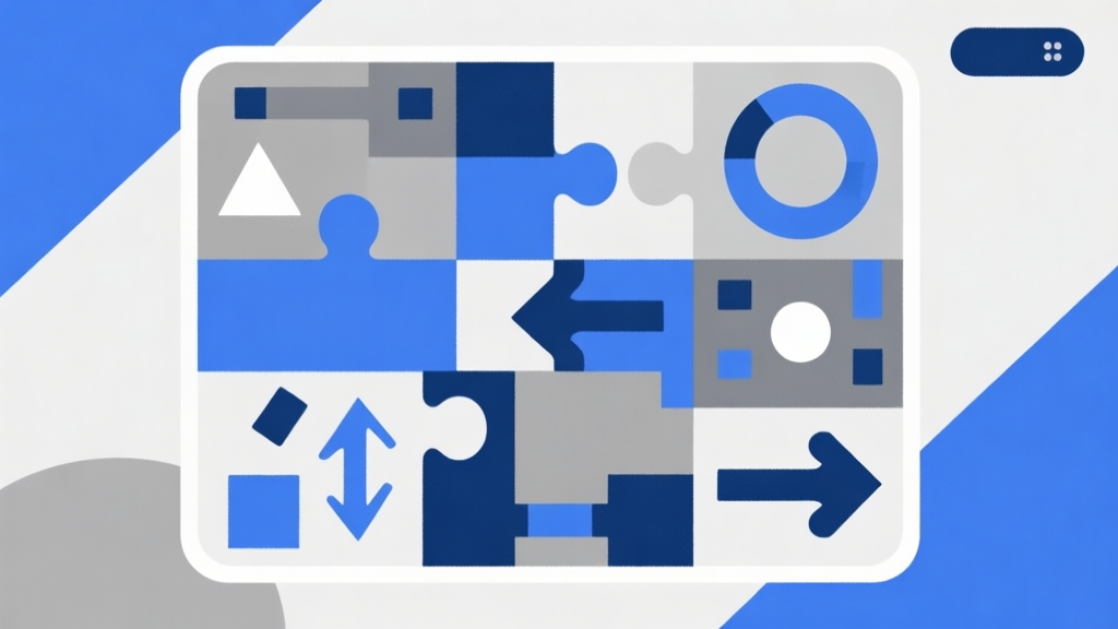 Ilustrasi minimalis layar puzzle game dengan simbol-simbol geometris dan panah yang membingungkan, skema warna biru tua dan abu-abu, gaya desain clean, menampilkan kebuntuan pemecahan teka-teki high quality illustration, detailed, 16:9