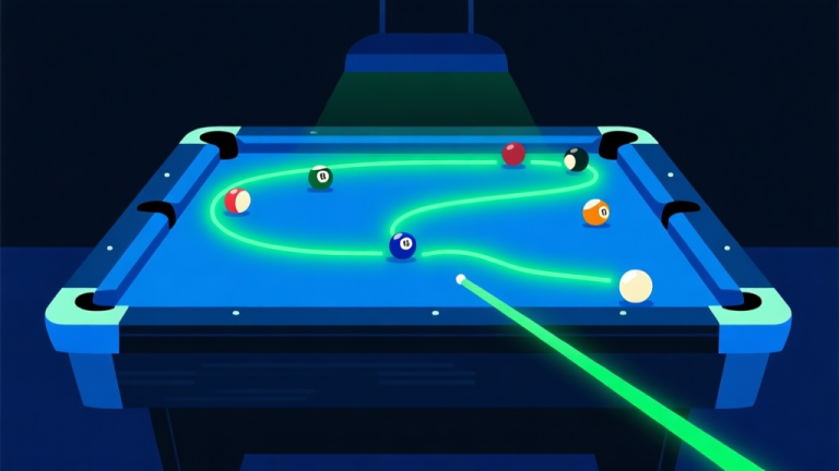 自动生成图片: Ilustrasi digital minimalis dari meja biliar online dengan jalur lintasan bola yang dinamis dan bercahaya, menunjukkan serangan beruntun. Skema warna biru dan hijau neon dengan latar gelap, gaya grafis game yang bersih. high quality illustration, detailed, 16:9