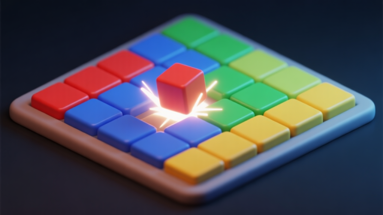 自动生成图片: Ilustrasi 3D dari papan game puzzle dengan balok warna-warni (merah, biru, hijau, kuning) tersusun dalam grid, beberapa balok sedang disorot dengan efek cahaya untuk menunjukkan kemungkinan tabrakan, gaya minimalis dengan depth of field, latar belakang gelap lembut high quality illustration, detailed, 16:9
