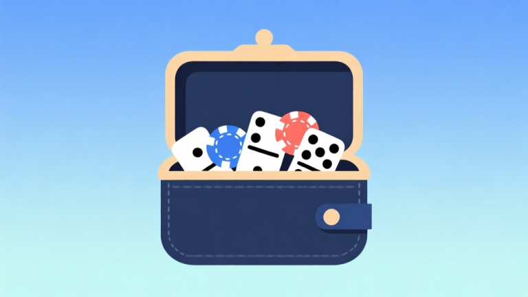 自动生成图片: Ilustrasi minimalis sebuah dompet terbuka dengan beberapa keping chip domino di dalamnya, latar belakang soft gradient biru muda, gaya flat design yang bersih dan profesional high quality illustration, detailed, 16:9