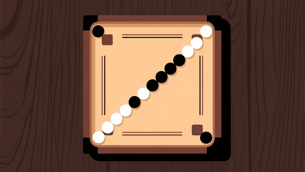 Ilustrasi papan carrom dengan bidak-bidak putih dan hitam tersusun hampir membentuk garis lurus diagonal dari sudut ke sudut, latar belakang kayu gelap, gaya ilustrasi clean vector, fokus pada geometri dan formasi high quality illustration, detailed, 16:9