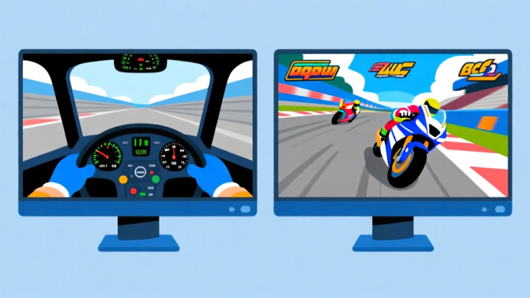 自动生成图片: Ilustrasi dua layar monitor berdampingan, satu menampilkan tampilan cockpit simulator balap motor yang sangat detail dengan data telemetri, satunya lagi menampilkan gameplay arcade balap motor yang penuh warna dan aksi, gaya ilustrasi digital clean dengan warna dominan biru dan abu-abu high quality illustration, detailed, 16:9