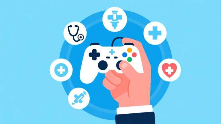 自动生成图片: Ilustrasi metaforis tangan game dengan joystick yang dikelilingi ikon stetoskop, palu dokter, dan simbol penyembuhan, skema warna biru muda dan putih, desain minimal bersih, gaya infografis high quality illustration, detailed, 16:9