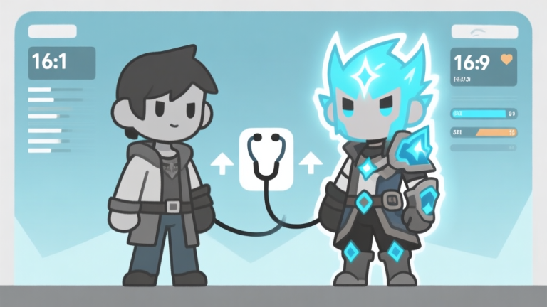 自动生成图片: Ilustrasi minimalis dua karakter game RPG berdampingan, satu dengan penampilan dan statistik biasa, yang lainnya bersinar dengan statistik dan skin yang ditingkatkan, dihubungkan oleh ikon stetoskop dan panah naik, skema warna biru muda dan abu-abu, gaya desain bersih high quality illustration, detailed, 16:9