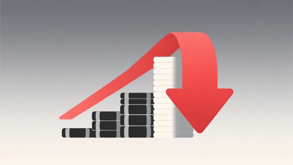 Ilustrasi grafis minimalis sebuah tumpukan chip domino yang semakin menipis, dengan panah merah mengarah ke bawah, latar belakang soft gradient abu-abu, gaya diagram analisis bisnis yang bersih high quality illustration, detailed, 16:9