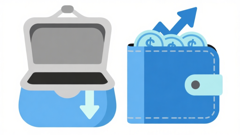 自动生成图片: Ilustrasi grafis minimalis dua dompet berdampingan, satu dompet terbuka dan kosong dengan panah turun, satu dompet tertutup dan penuh dengan panah naik, skema warna biru muda dan abu-abu, gaya diagram bisnis yang bersih high quality illustration, detailed, 16:9