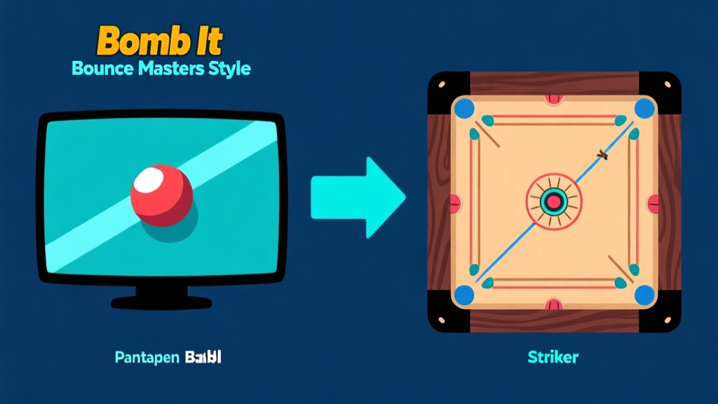 Ilustrasi diagram sederhana yang membandingkan pantulan bola di layar game (Bomb It Bounce Masters style) dengan pantulan striker di papan carrom, menggunakan garis lintasan panah, skema warna biru muda dan kayu gelap, desain infografis yang bersih high quality illustration, detailed, 16:9