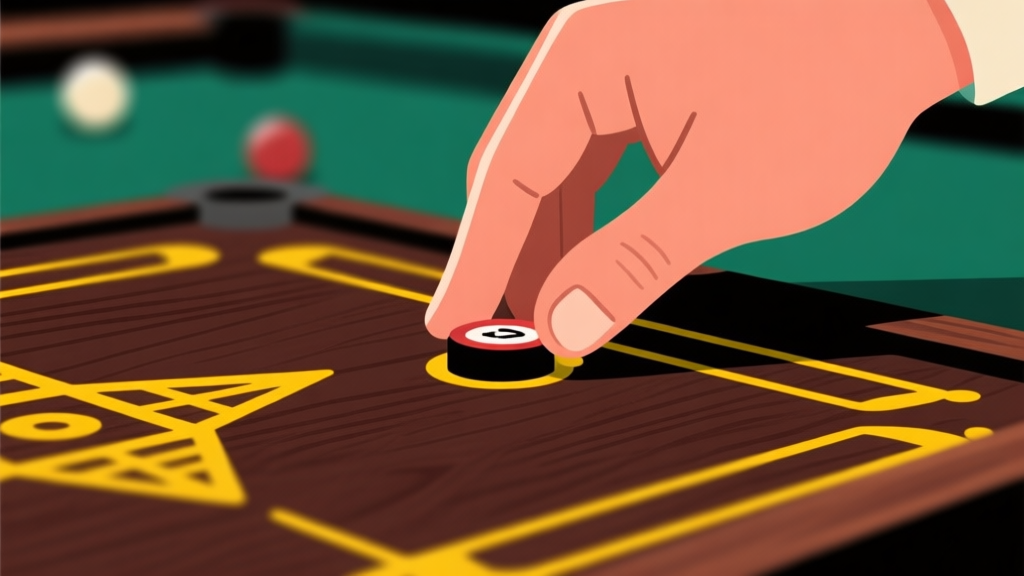Ilustrasi close-up tangan memegang striker carrom di atas papan, dengan garis kuning terlihat jelas namun sedikit blur di latar belakang, fokus pada sudut pandang pemain. Warna kayu gelap dan kuning kontras, gaya ilustrasi clean vector. high quality illustration, detailed, 16:9