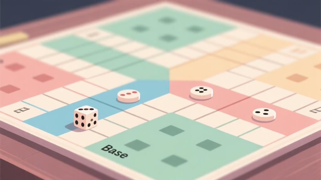 Ilustrasi papan permainan Ludo dengan fokus pada satu bidak yang masih berada di base (kotak awal), sementara tiga bidak lainnya sudah di area finish. Tampak dari atas, gaya minimalis, warna pastel lembut, nuansa tegang namun terencana. high quality illustration, detailed, 16:9