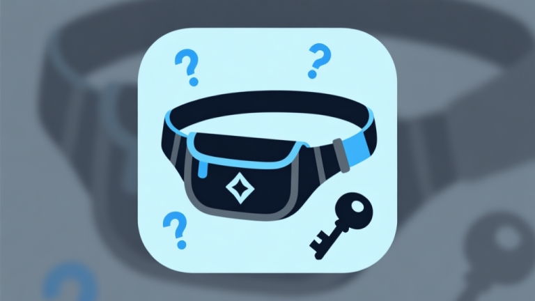 自动生成图片: Ilustrasi minimalis sebuah ikon tas pinggang game dengan desain elegan dan misterius, dikelilingi oleh tanda tanya dan kunci, skema warna biru muda dan abu-abu, gaya clean dan profesional high quality illustration, detailed, 16:9